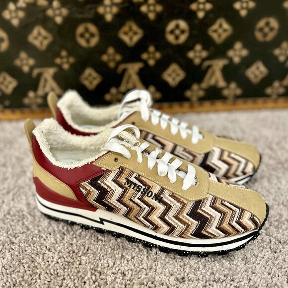 Missoni Brown Zig Zag Knit Suede Leather Sneakers, NEW - Picture 3 of 6